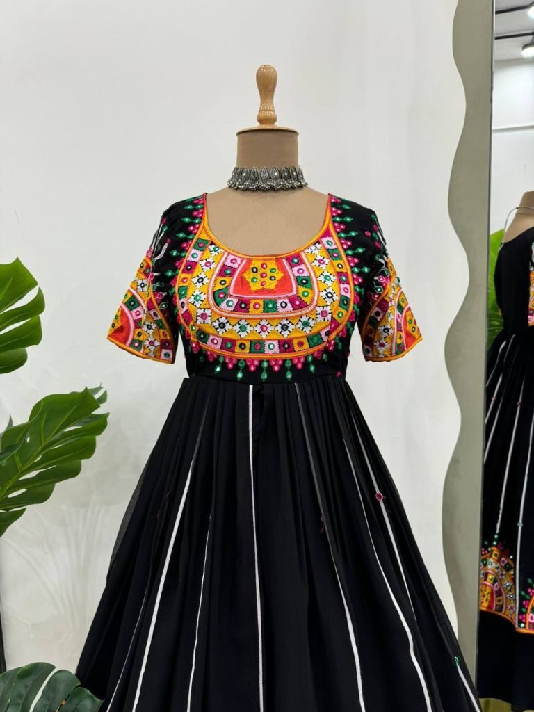 Black Faux Georgette Chinestitch 9mm Sequence Work Top with Semi-Stitched Lehenga