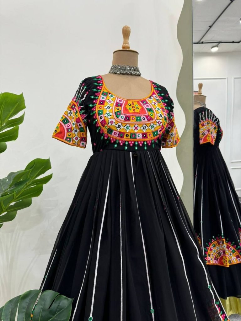 Black Faux Georgette Chinestitch 9mm Sequence Work Top with Semi-Stitched Lehenga