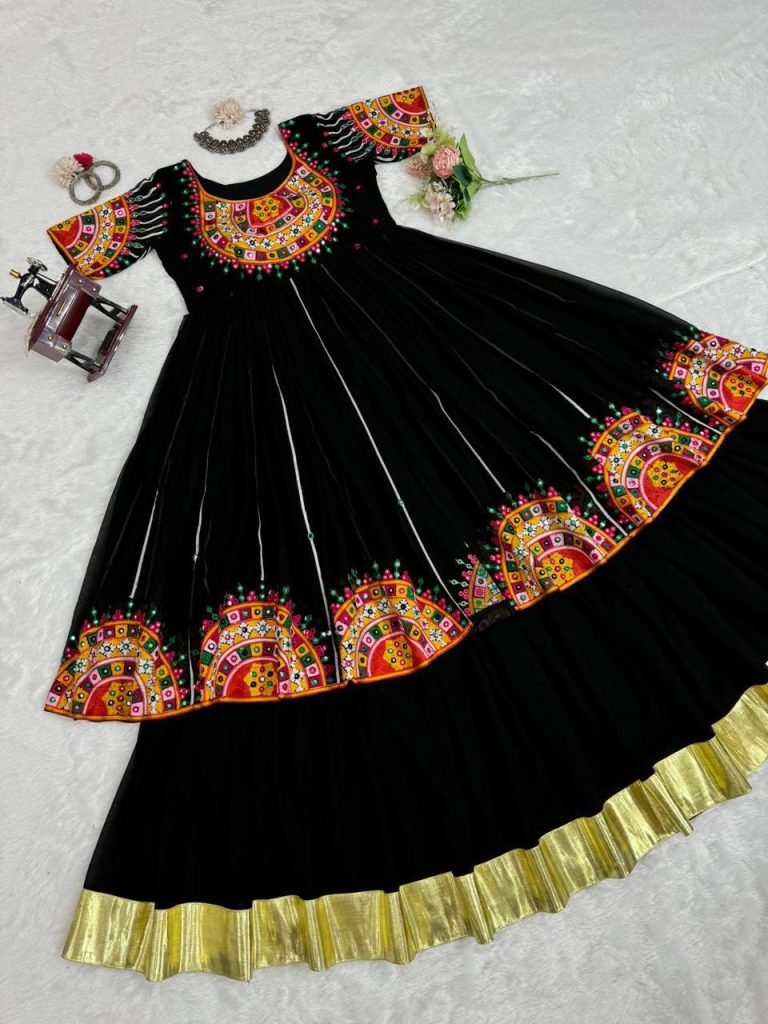 Black Faux Georgette Chinestitch 9mm Sequence Work Top with Semi-Stitched Lehenga