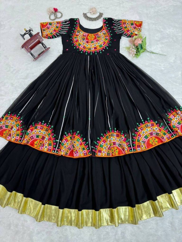 Black Faux Georgette Chinestitch 9mm Sequence Work Top with Semi-Stitched Lehenga