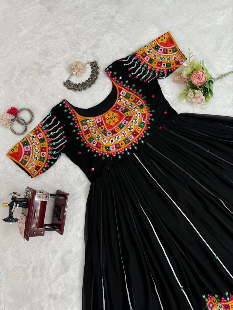 Black Faux Georgette Chinestitch 9mm Sequence Work Top with Semi-Stitched Lehenga
