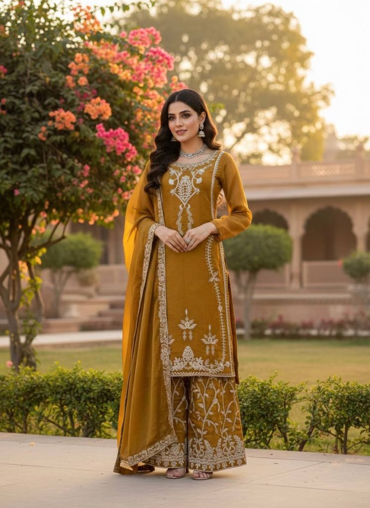 Amber Gold JMC Silk Intricate Thread and Sequence Work Palazzo Set with Matching Dupatta
