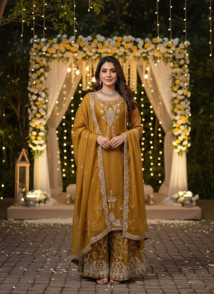 Amber Gold JMC Silk Intricate Thread and Sequence Work Palazzo Set with Matching Dupatta