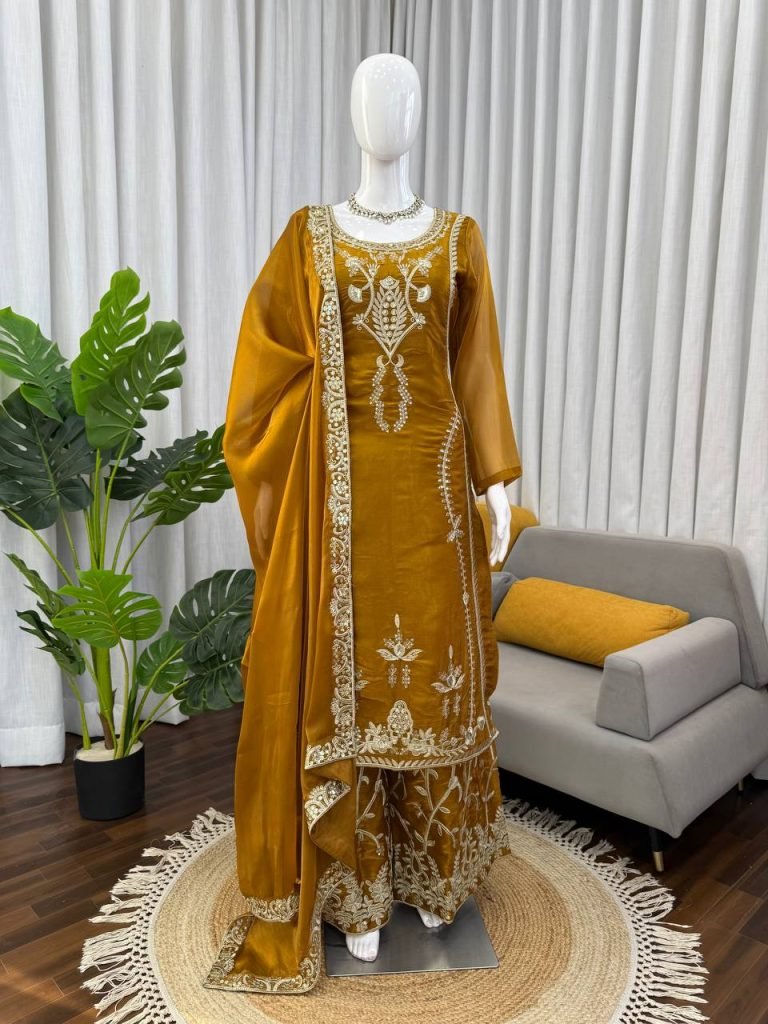 Amber Gold JMC Silk Intricate Thread and Sequence Work Palazzo Set with Matching Dupatta