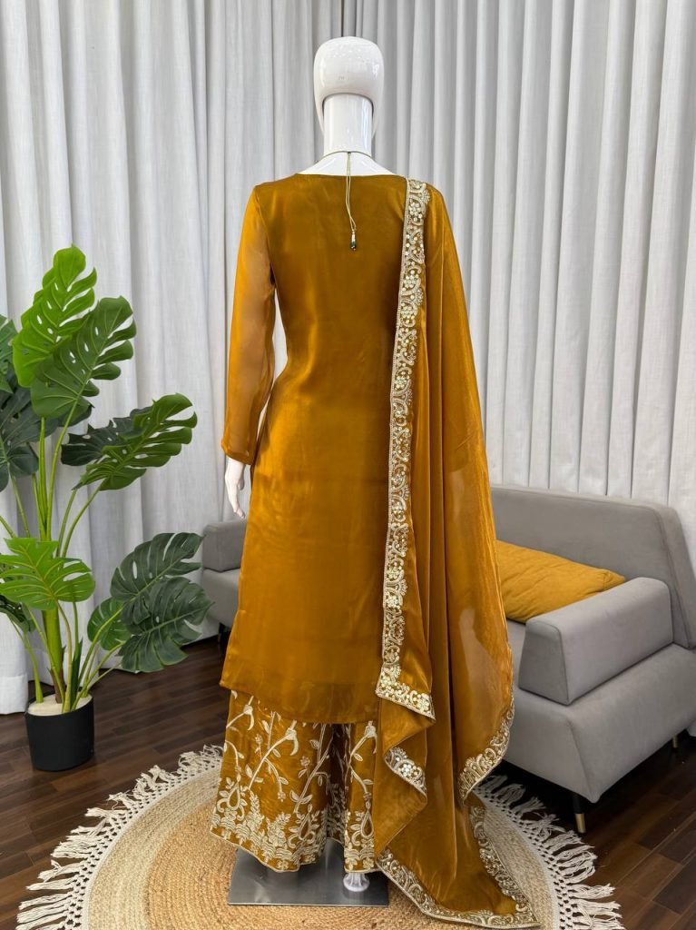 Amber Gold JMC Silk Intricate Thread and Sequence Work Palazzo Set with Matching Dupatta