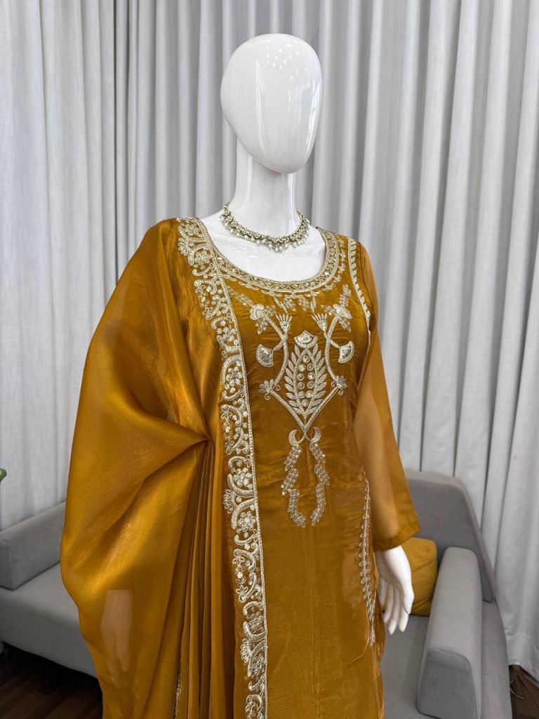 Amber Gold JMC Silk Intricate Thread and Sequence Work Palazzo Set with Matching Dupatta