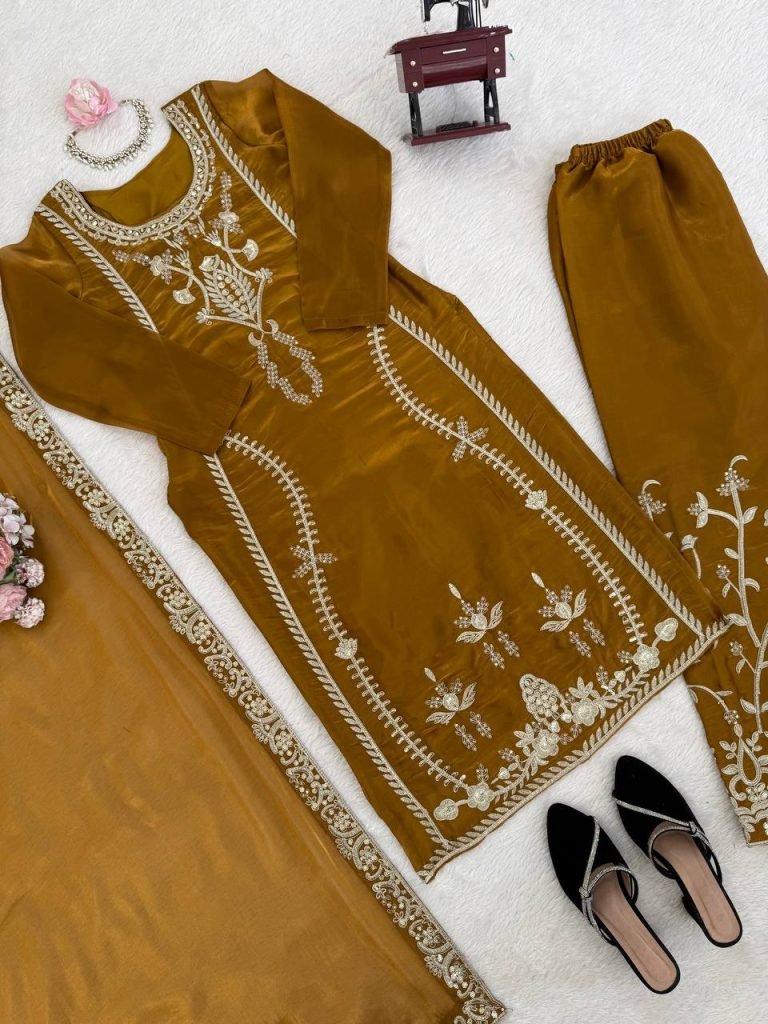 Amber Gold JMC Silk Intricate Thread and Sequence Work Palazzo Set with Matching Dupatta