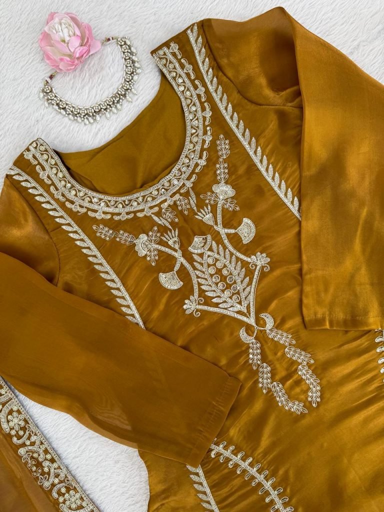 Amber Gold JMC Silk Intricate Thread and Sequence Work Palazzo Set with Matching Dupatta