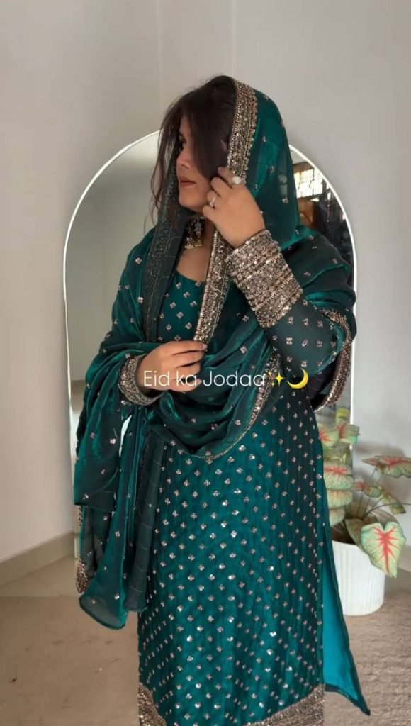 Pine Green Heavy Fendy Silk Thread and Sequence Work Top with Pant and Matching Dupatta
