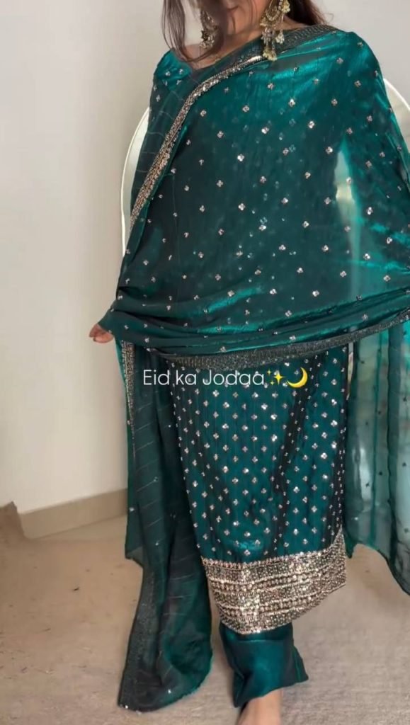 Pine Green Heavy Fendy Silk Thread and Sequence Work Top with Pant and Matching Dupatta
