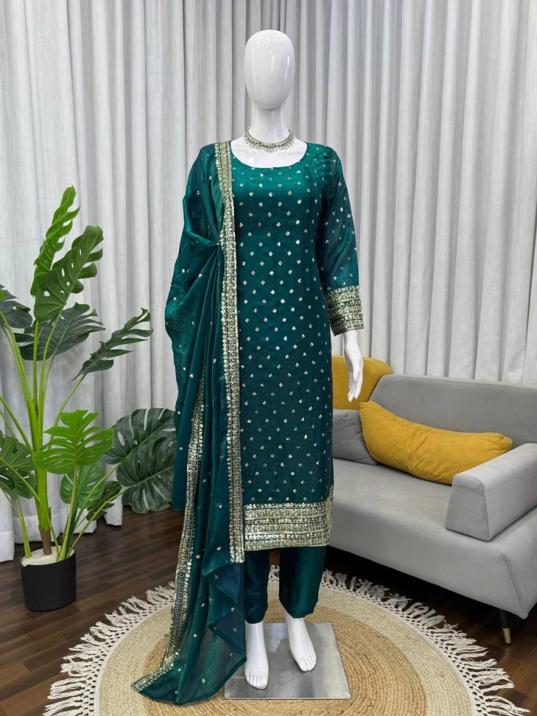 Pine Green Heavy Fendy Silk Thread and Sequence Work Top with Pant and Matching Dupatta
