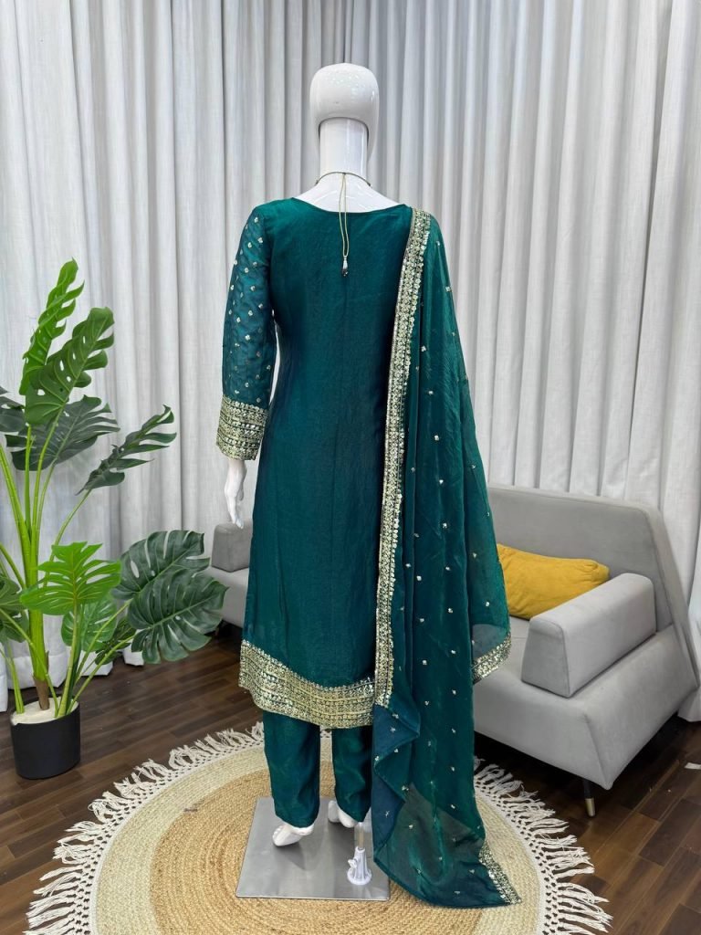 Pine Green Heavy Fendy Silk Thread and Sequence Work Top with Pant and Matching Dupatta