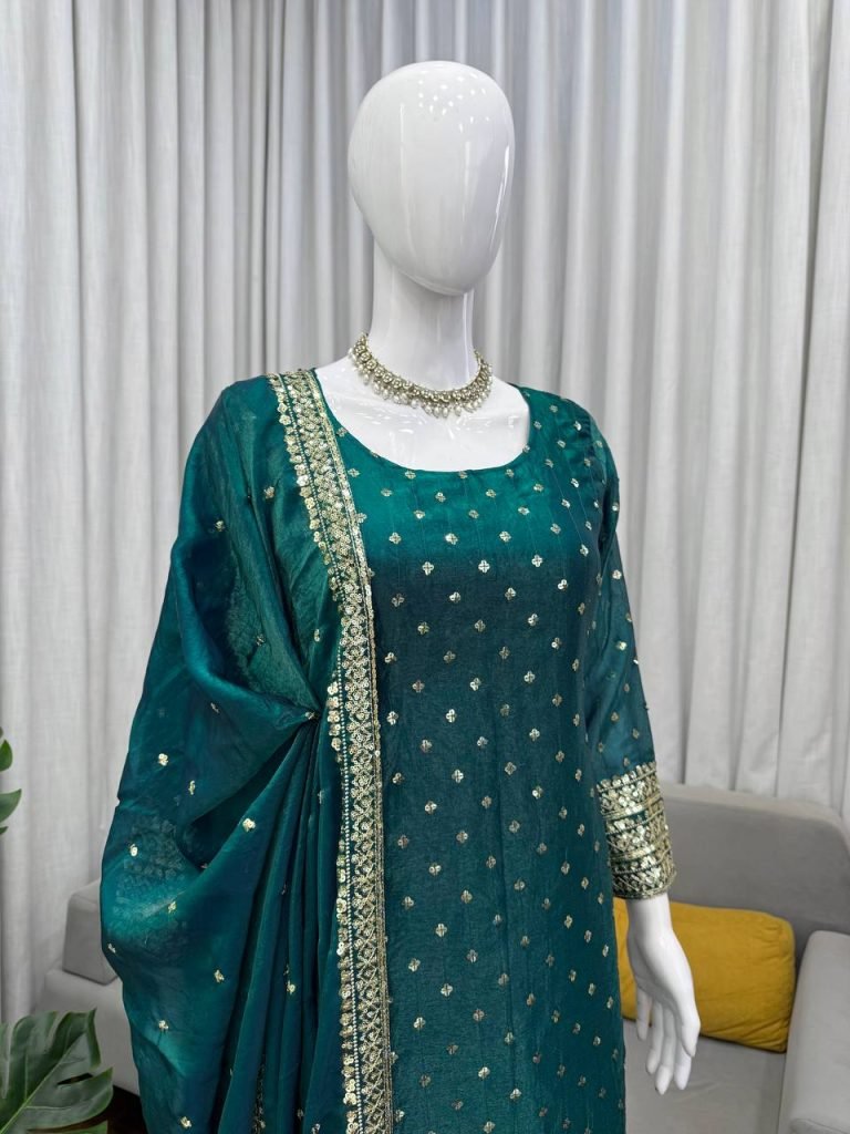 Pine Green Heavy Fendy Silk Thread and Sequence Work Top with Pant and Matching Dupatta