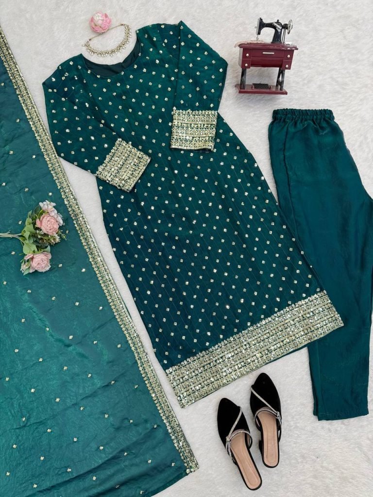 Pine Green Heavy Fendy Silk Thread and Sequence Work Top with Pant and Matching Dupatta