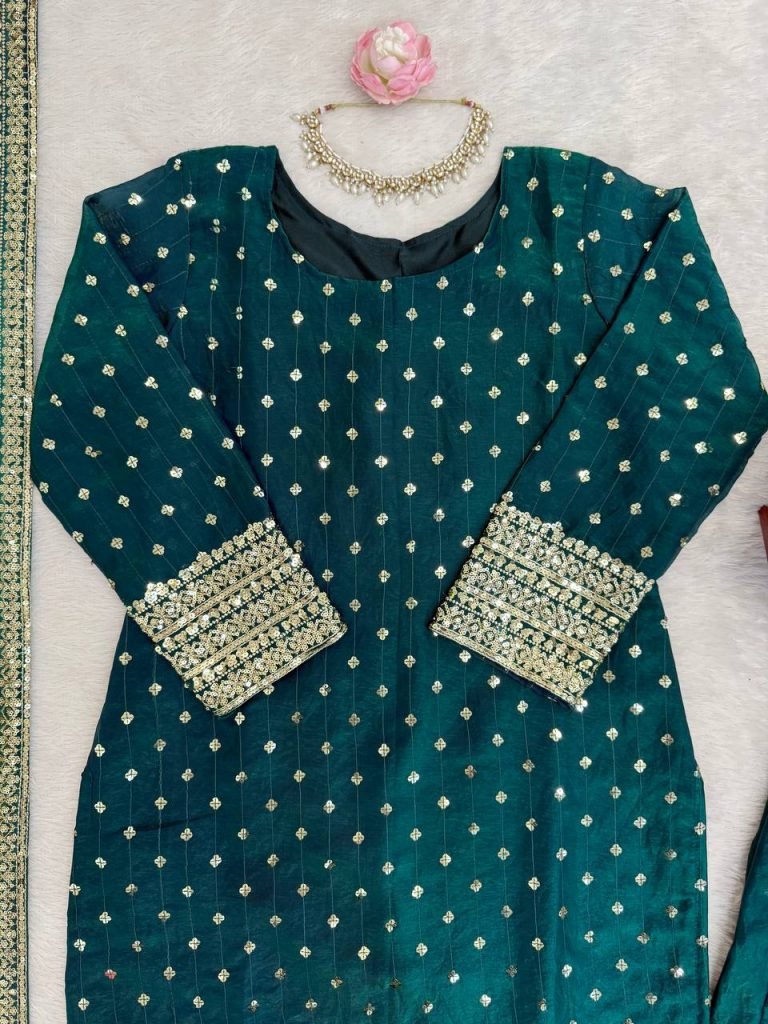 Pine Green Heavy Fendy Silk Thread and Sequence Work Top with Pant and Matching Dupatta