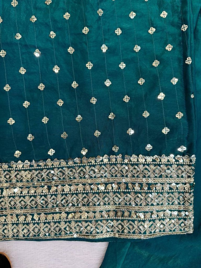 Pine Green Heavy Fendy Silk Thread and Sequence Work Top with Pant and Matching Dupatta