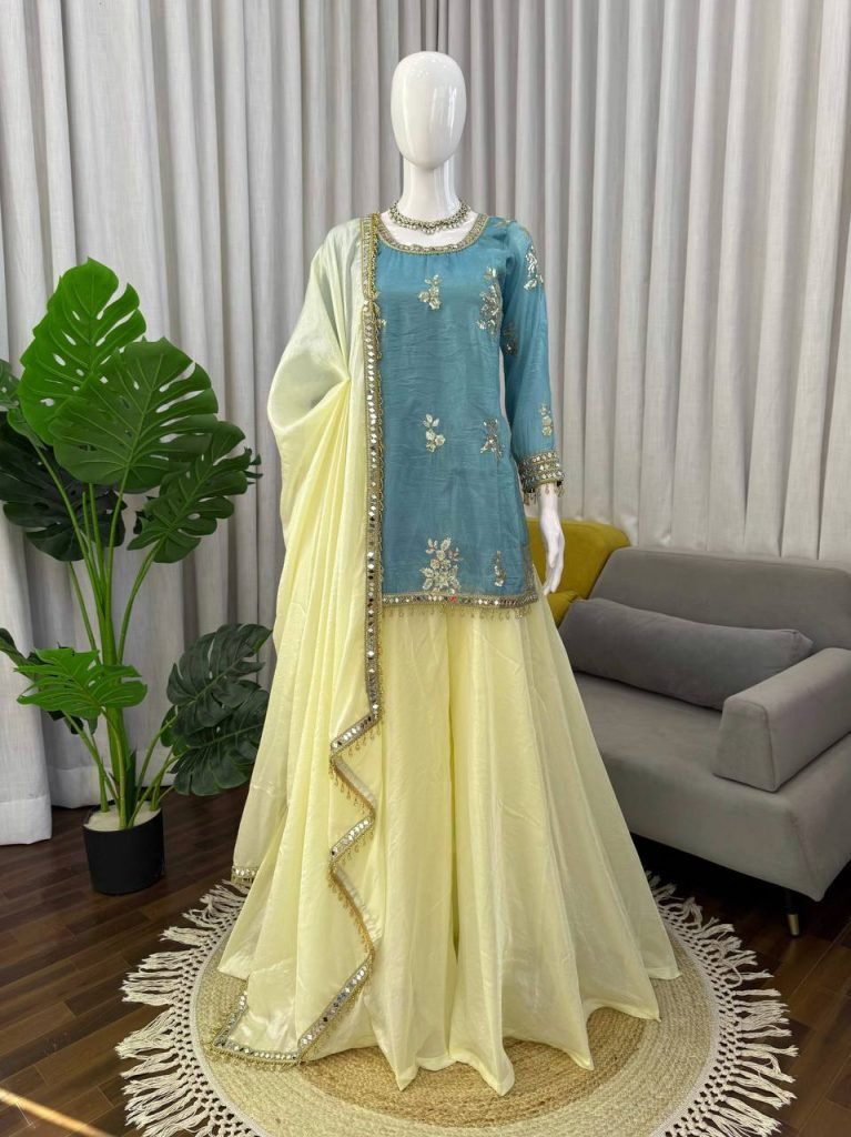 Lagoon Blue Fendy Silk Thread, Sequence and Real Mirror Work Top with Palazzo
