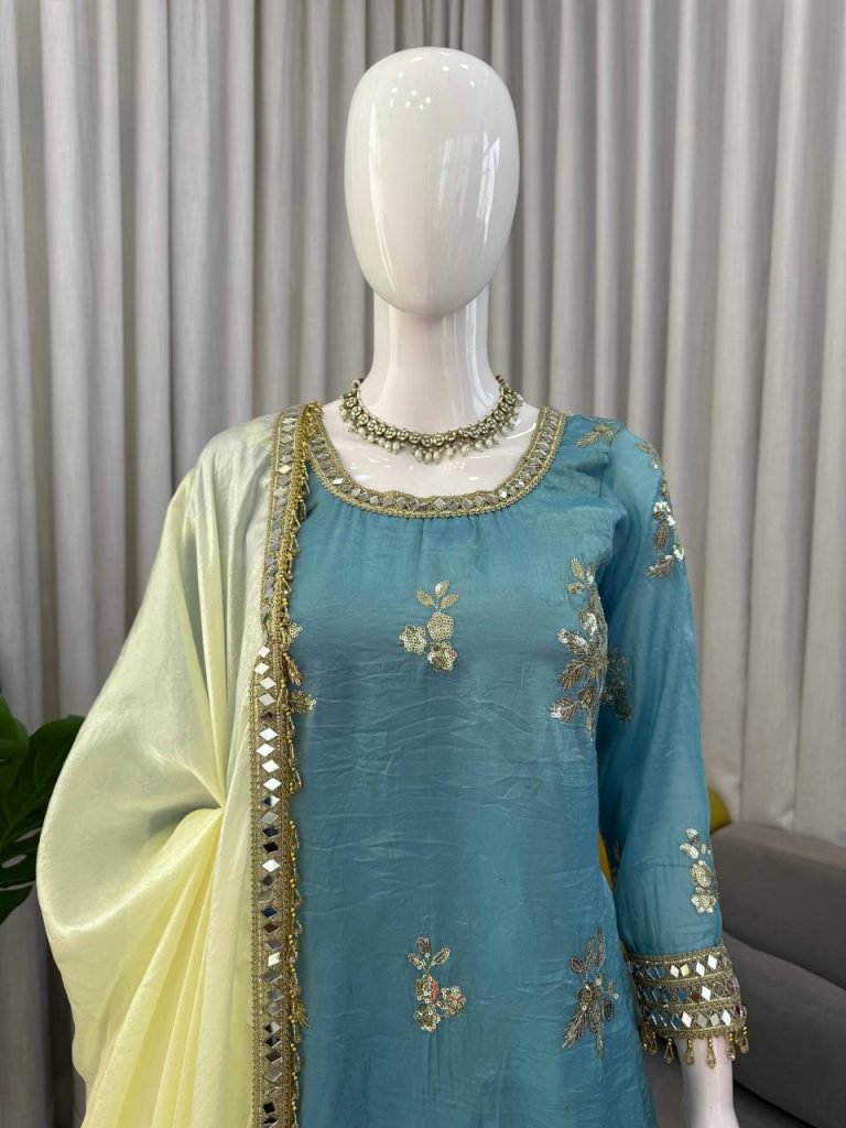 Lagoon Blue Fendy Silk Thread, Sequence and Real Mirror Work Top with Palazzo