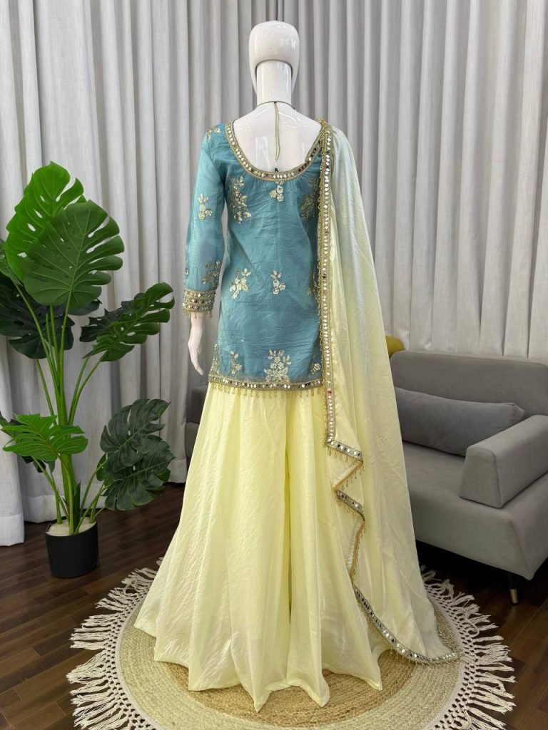 Lagoon Blue Fendy Silk Thread, Sequence and Real Mirror Work Top with Palazzo
