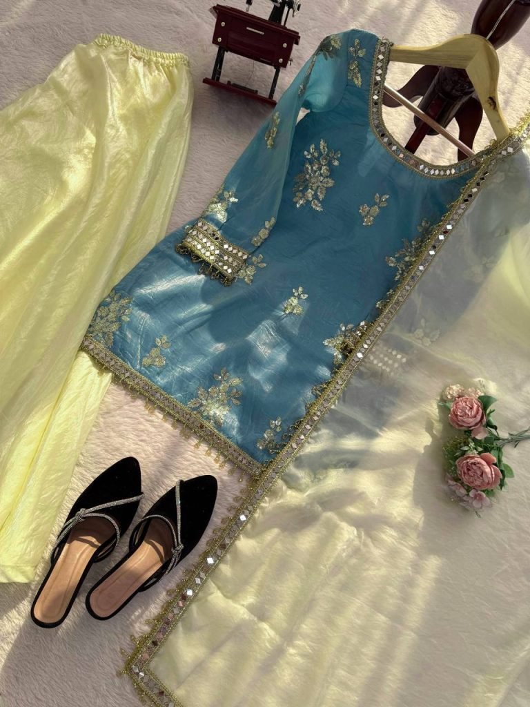 Lagoon Blue Fendy Silk Thread, Sequence and Real Mirror Work Top with Palazzo
