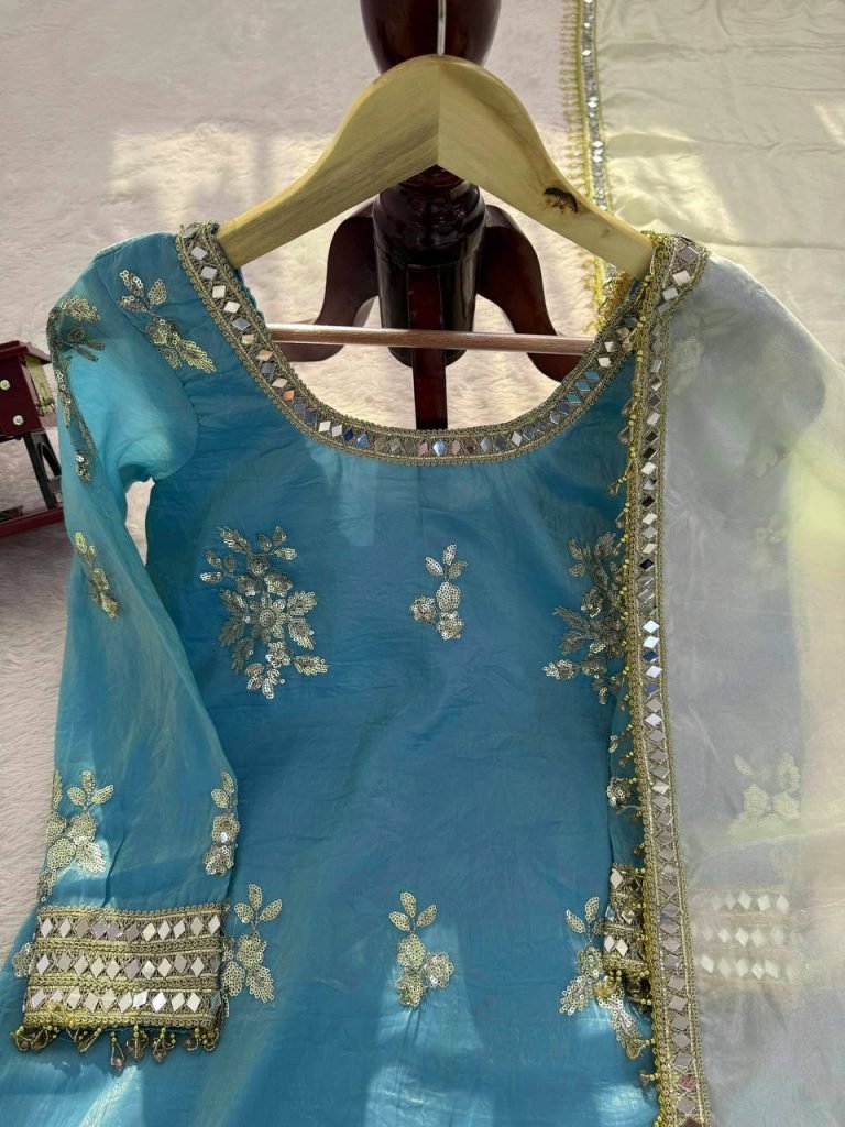 Lagoon Blue Fendy Silk Thread, Sequence and Real Mirror Work Top with Palazzo