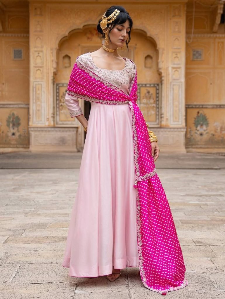 Pearl Pink Natural Crepe Silk Thread and Sequence Work Gown Set