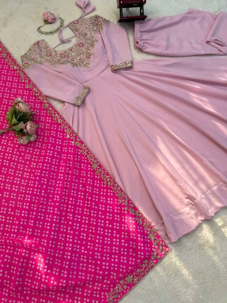 Pearl Pink Natural Crepe Silk Thread and Sequence Work Gown Set