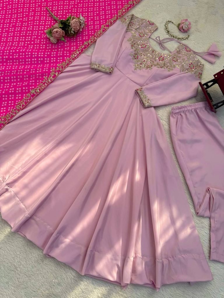 Pearl Pink Natural Crepe Silk Thread and Sequence Work Gown Set