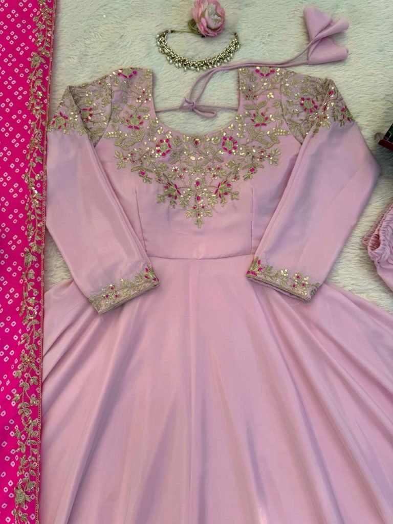 Pearl Pink Natural Crepe Silk Thread and Sequence Work Gown Set
