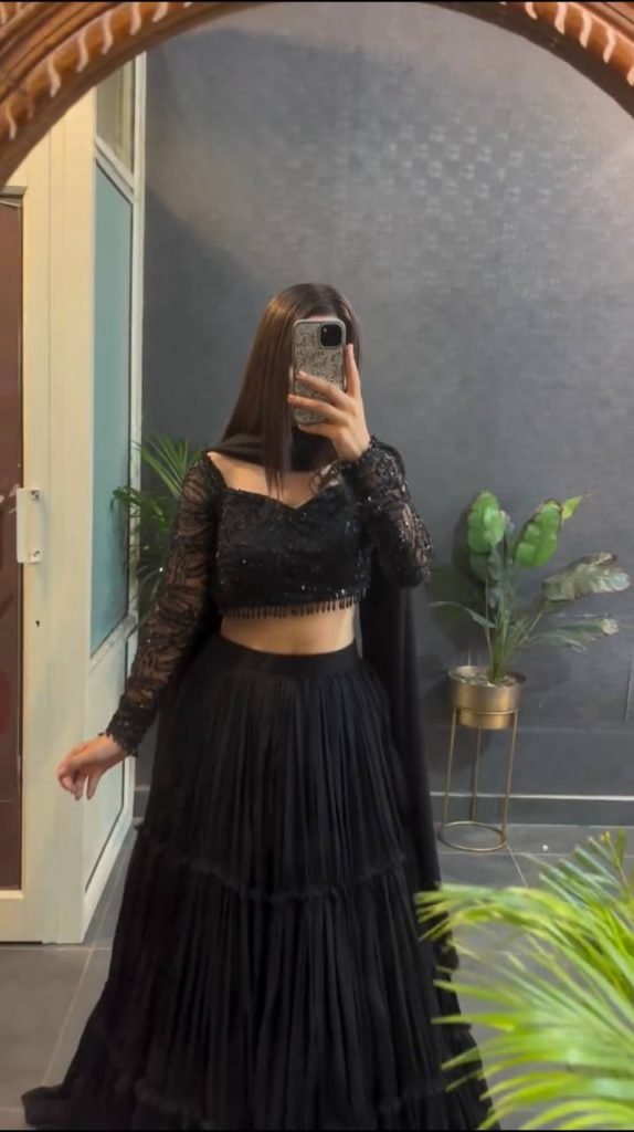 Black Faux Georgette Ruffle Style Lehenga Set with Butterfly Net Sequence Work Blouse