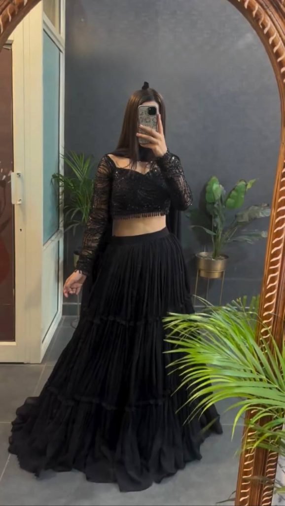 Black Faux Georgette Ruffle Style Lehenga Set with Butterfly Net Sequence Work Blouse