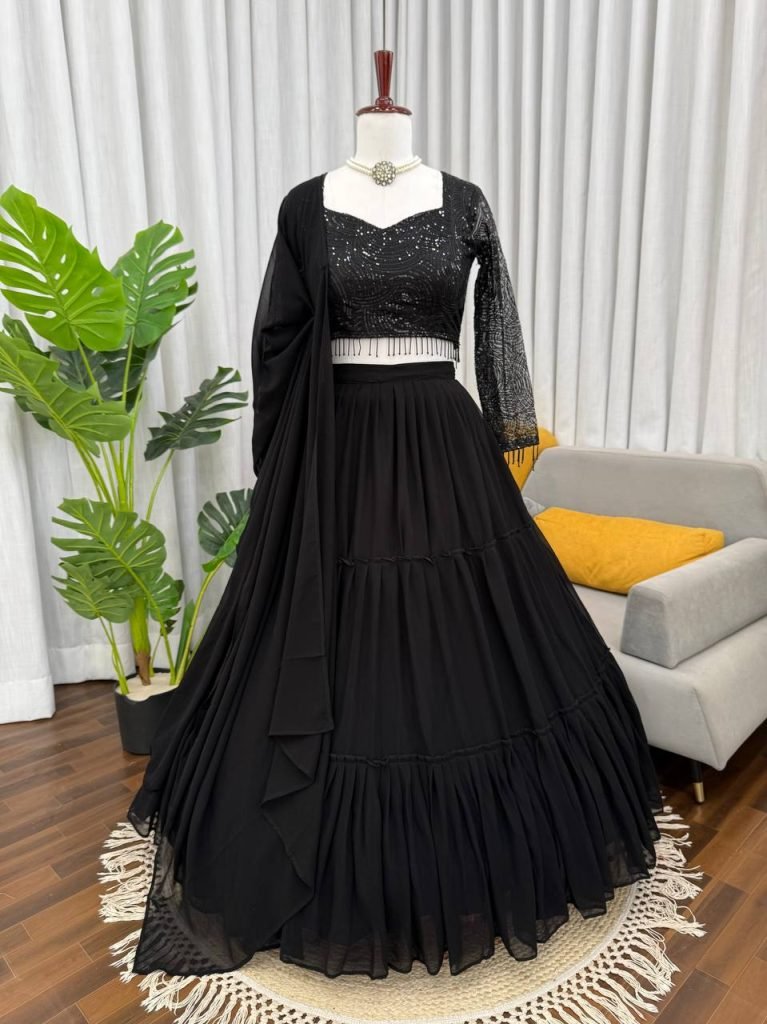 Black Faux Georgette Ruffle Style Lehenga Set with Butterfly Net Sequence Work Blouse