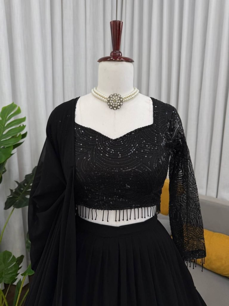 Black Faux Georgette Ruffle Style Lehenga Set with Butterfly Net Sequence Work Blouse
