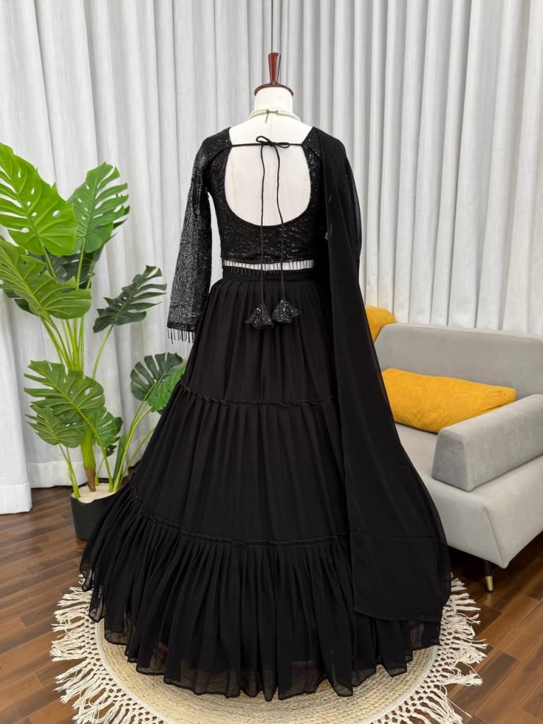 Black Faux Georgette Ruffle Style Lehenga Set with Butterfly Net Sequence Work Blouse