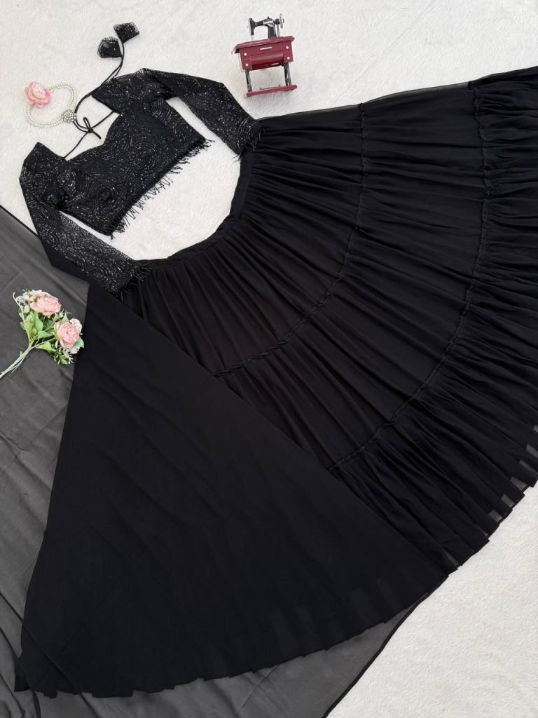 Black Faux Georgette Ruffle Style Lehenga Set with Butterfly Net Sequence Work Blouse