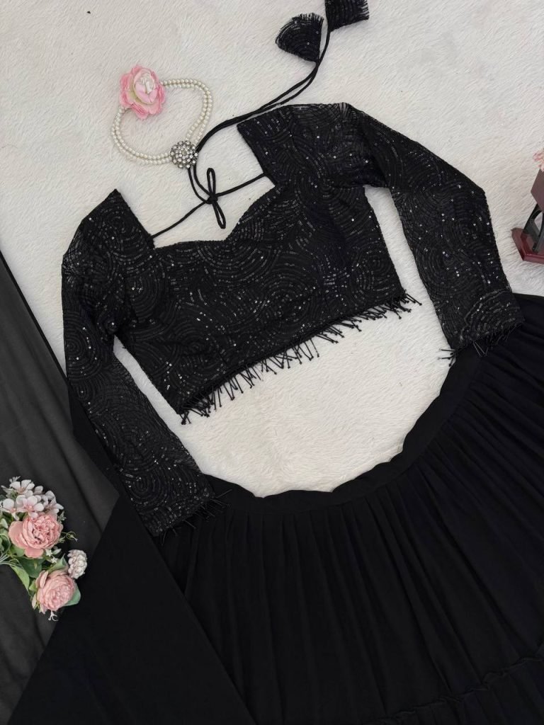 Black Faux Georgette Ruffle Style Lehenga Set with Butterfly Net Sequence Work Blouse