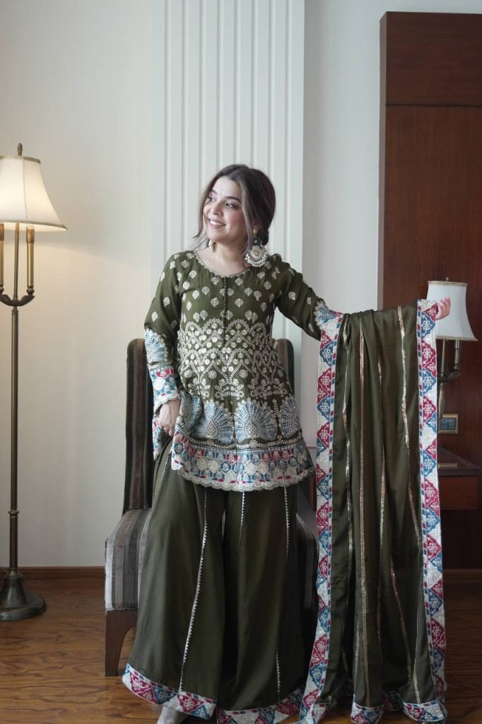 Mehndi Chinon Sequence Embroidery Top with Kali Palazzo and Dupatta