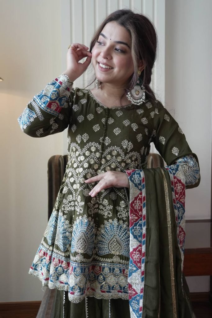 Mehndi Chinon Sequence Embroidery Top with Kali Palazzo and Dupatta