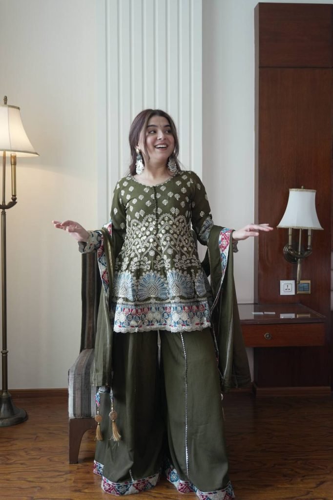 Mehndi Chinon Sequence Embroidery Top with Kali Palazzo and Dupatta