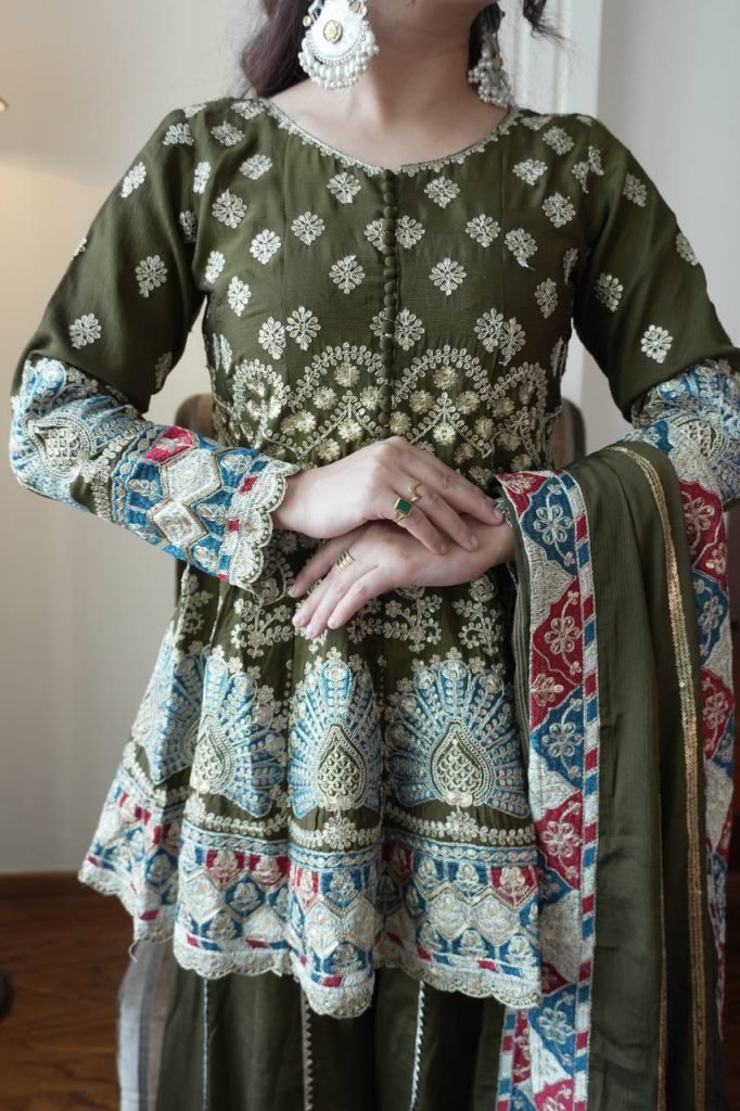 Mehndi Chinon Sequence Embroidery Top with Kali Palazzo and Dupatta