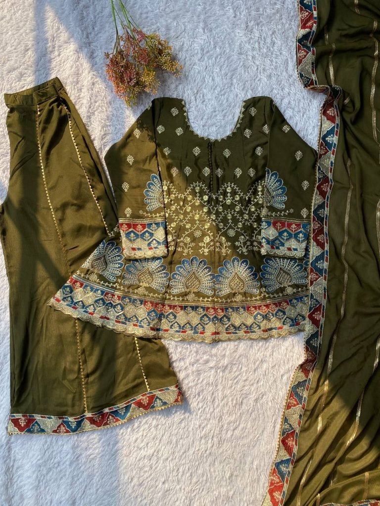 Mehndi Chinon Sequence Embroidery Top with Kali Palazzo and Dupatta