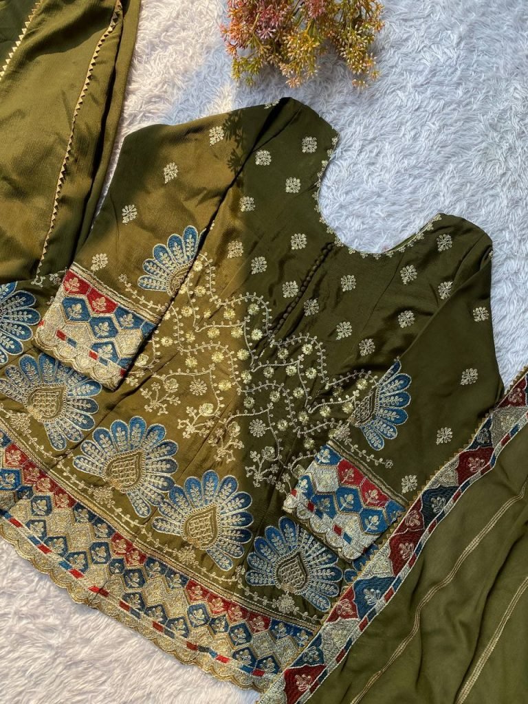 Mehndi Chinon Sequence Embroidery Top with Kali Palazzo and Dupatta