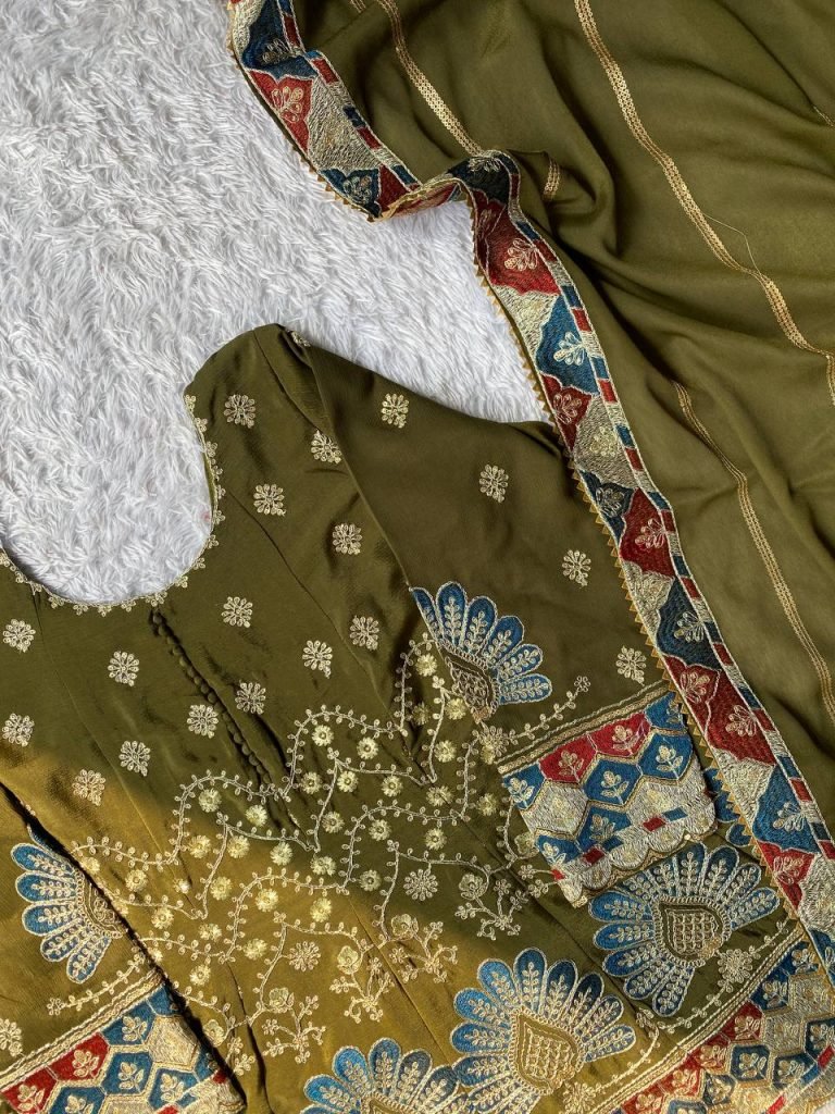 Mehndi Chinon Sequence Embroidery Top with Kali Palazzo and Dupatta