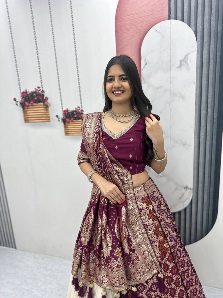 Deep Wine Pure Simar Silk Lehenga with Jacquard Silk Blouse and Jacquard Soft Silk Saree