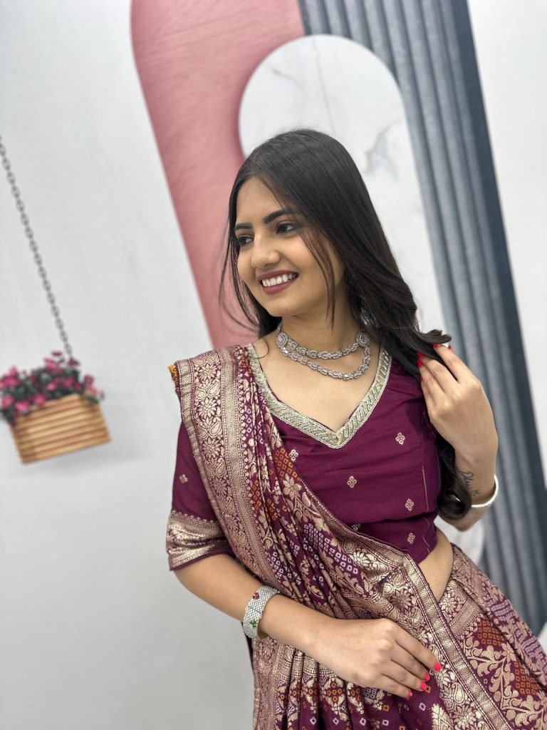 Deep Wine Pure Simar Silk Lehenga with Jacquard Silk Blouse and Jacquard Soft Silk Saree