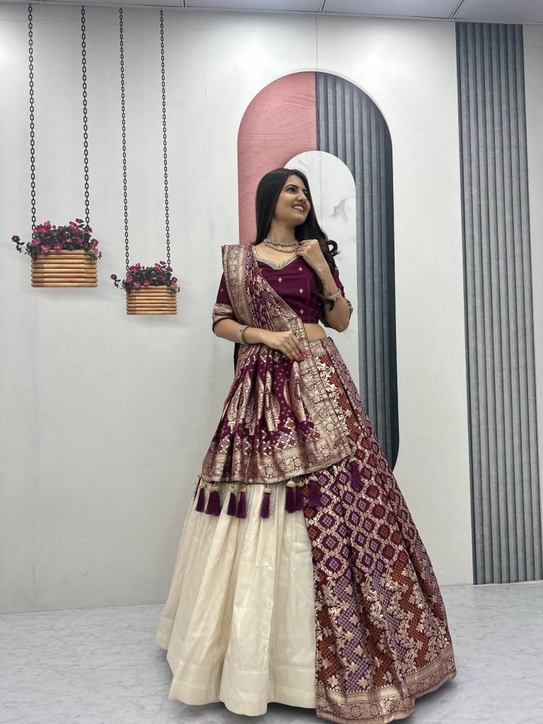 Deep Wine Pure Simar Silk Lehenga with Jacquard Silk Blouse and Jacquard Soft Silk Saree