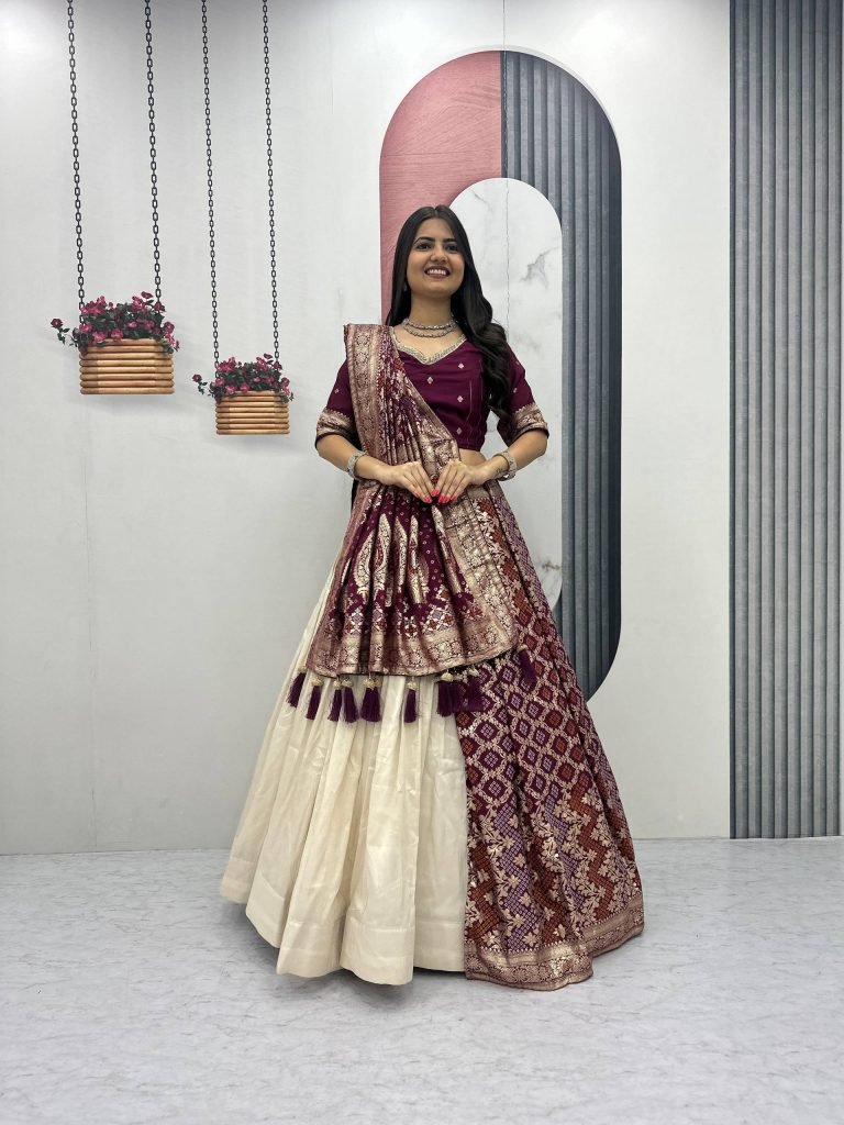 Deep Wine Pure Simar Silk Lehenga with Jacquard Silk Blouse and Jacquard Soft Silk Saree