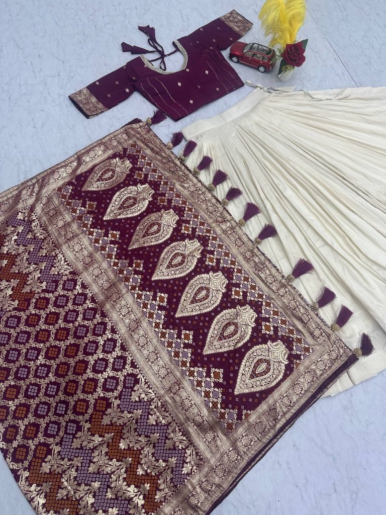 Deep Wine Pure Simar Silk Lehenga with Jacquard Silk Blouse and Jacquard Soft Silk Saree