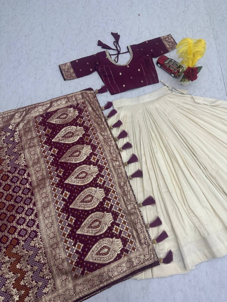 Deep Wine Pure Simar Silk Lehenga with Jacquard Silk Blouse and Jacquard Soft Silk Saree