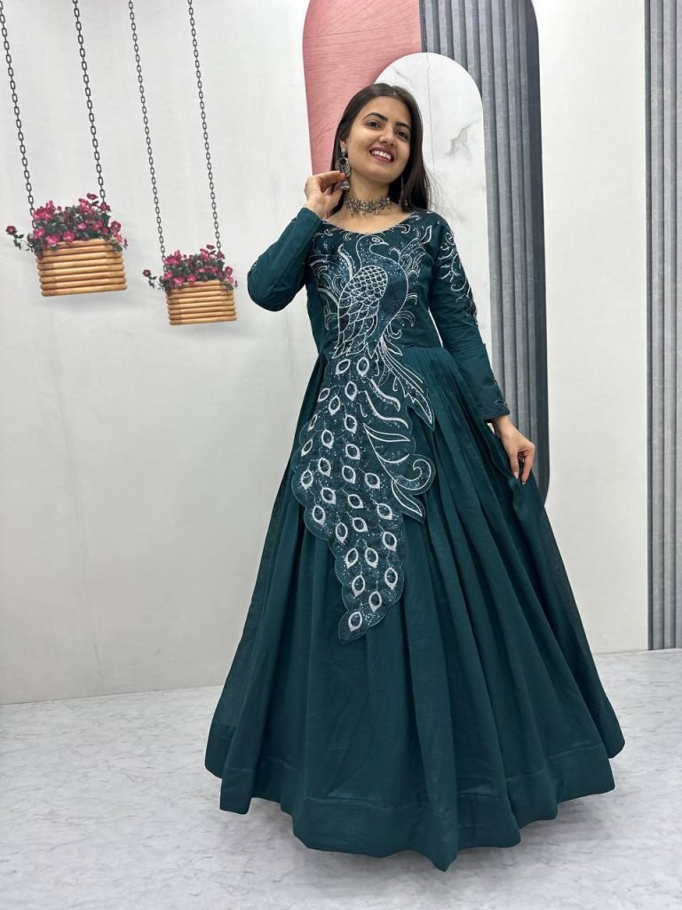 Forest Green Vichitra Silk Heavy Embroidery Sequence Work Gown